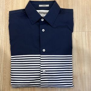 Express Fitted Navy and White Stripe Button Up Dress Shirt